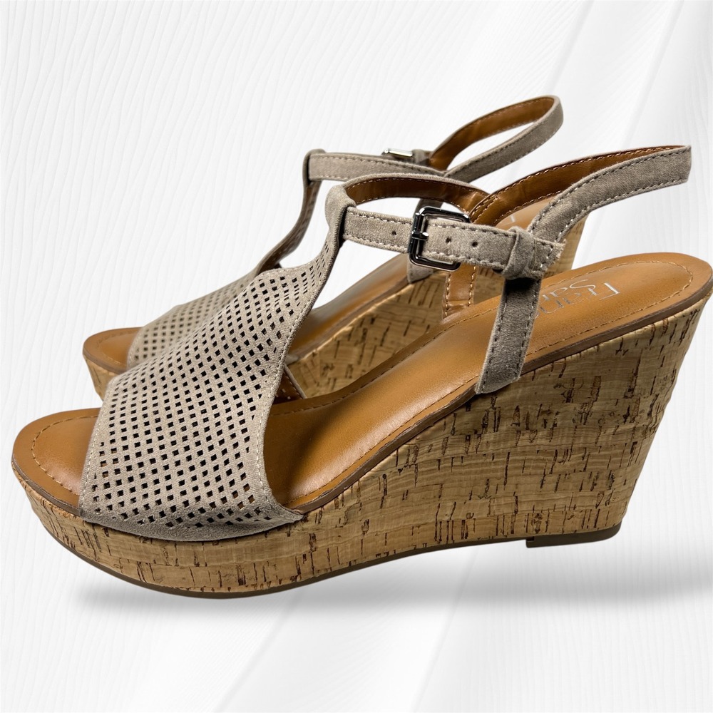 Franco Sarto Wedge Sandals Cork Perforated T Strap Adjust Buckle Taupe Size 10